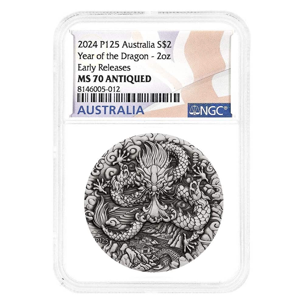 2024 2 oz Antiqued Silver Lunar Dragon Perth Mint NGC MS 70