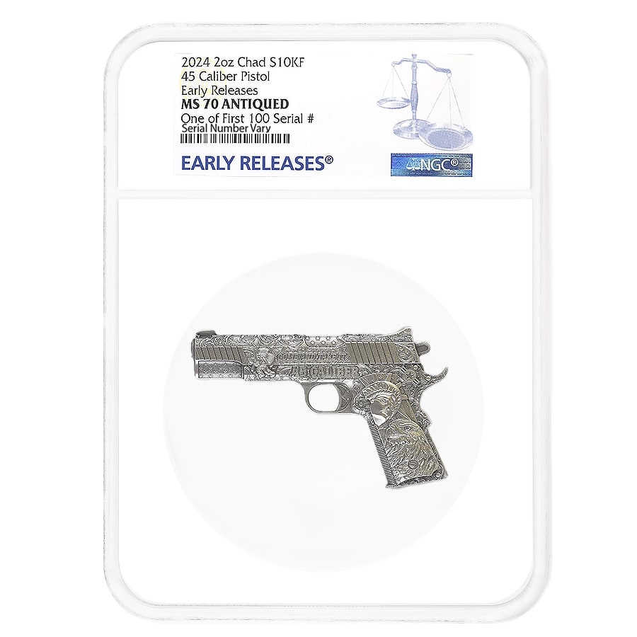2024 Chad 2 oz Silver .45 Caliber Pistol Handgun NGC MS 70 ER One of First 100