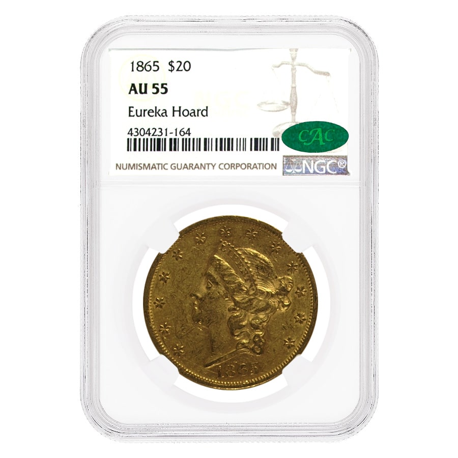 1865 $20 Liberty Head Double Eagle Gold Coin NGC AU 55 CAC