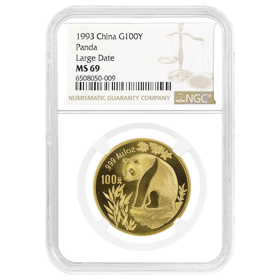 1993 1 oz Chinese Gold Panda 100 Yuan Large Date NGC MS 69