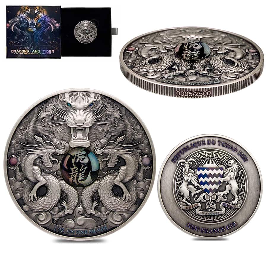 2022 Chad 1 oz Silver Dragon and Tiger Coin Serial #5 High Relief (w/Box)