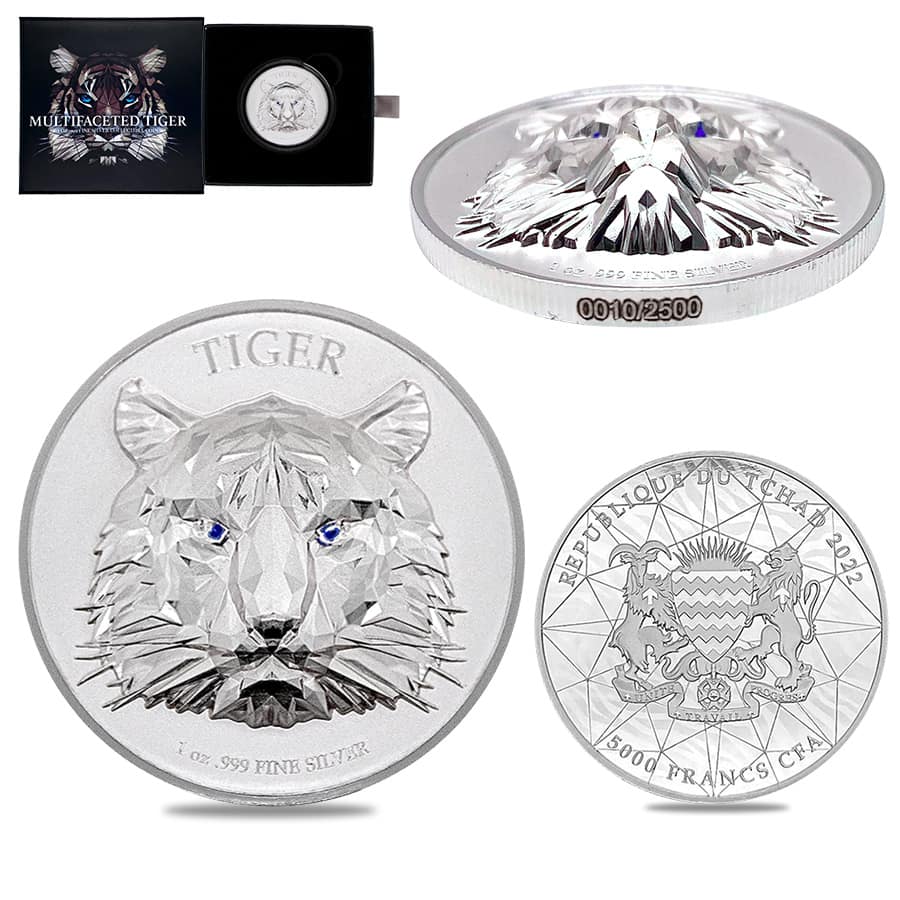 2022 Chad 1 oz Silver Multifaceted Tiger Coin Serial #10 Ultra High Relief (w/Box)