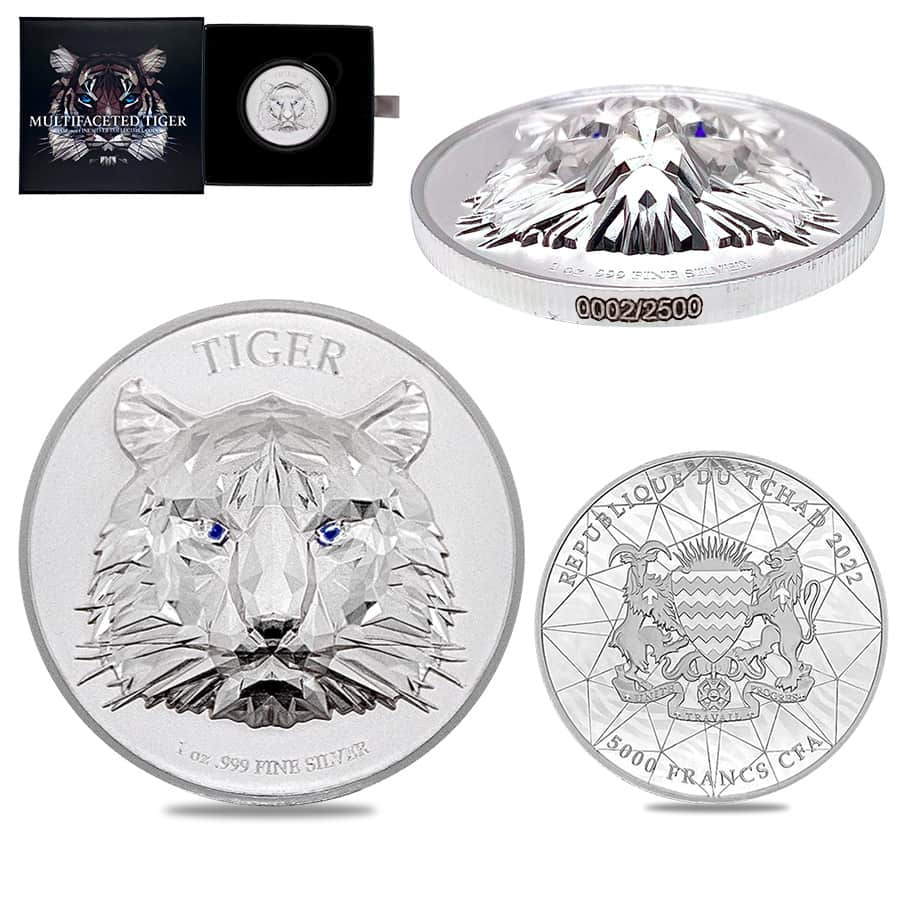 2022 Chad 1 oz Silver Multifaceted Tiger Coin Serial #2 Ultra High Relief (w/Box)