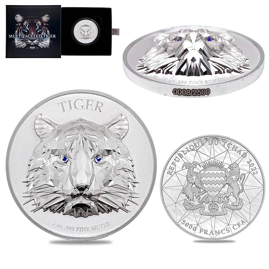 2022 Chad 1 oz Silver Multifaceted Tiger Coin Serial #8 Ultra High Relief (w/Box)