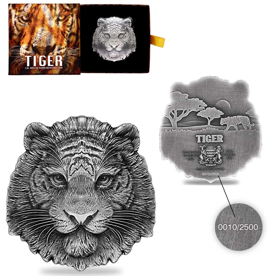 2022 Chad 1 oz Silver Tiger Coin Serial #10 Shaped High Relief (w/Box)
