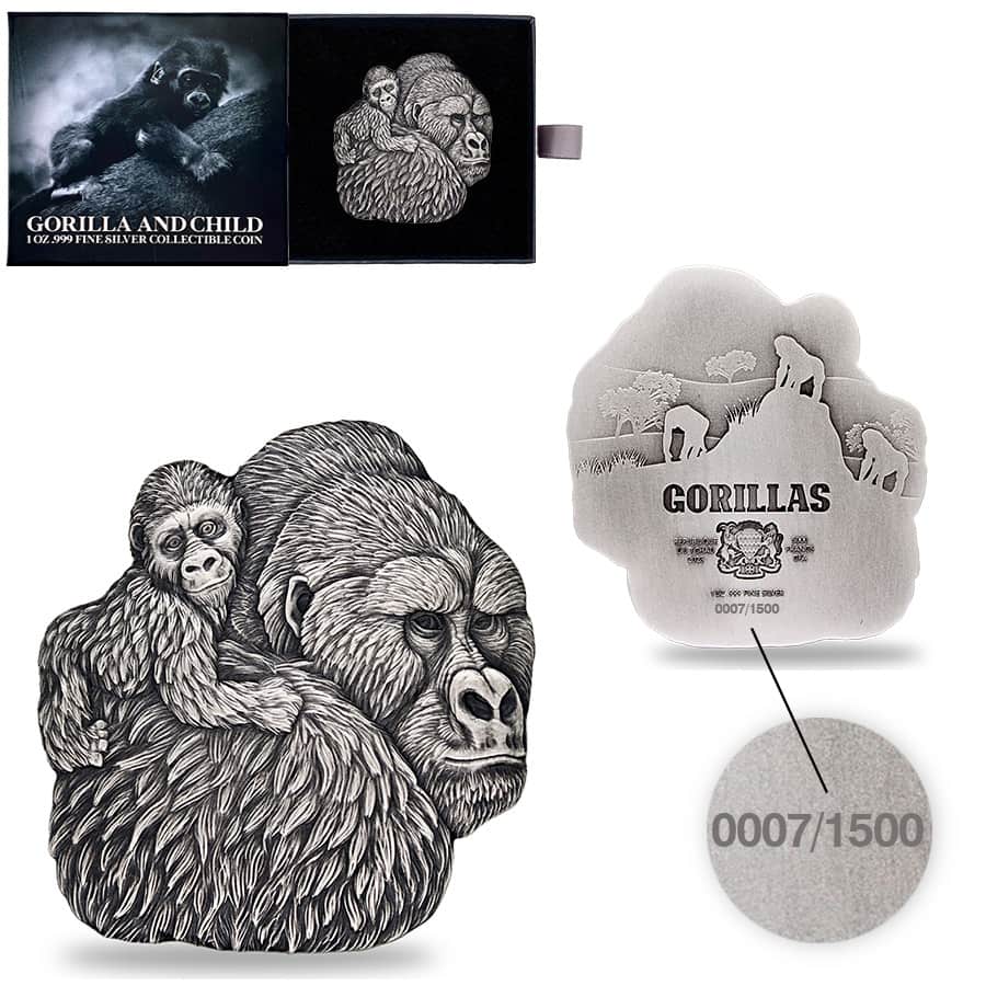2023 Chad 1 oz Silver Gorilla and Child Coin Serial #7 Shaped High Relief (w/Box)