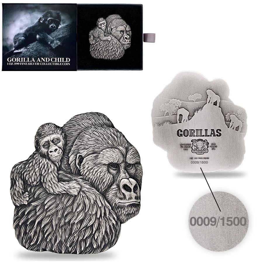 2023 Chad 1 oz Silver Gorilla and Child Coin Serial #9 Shaped High Relief (w/Box)