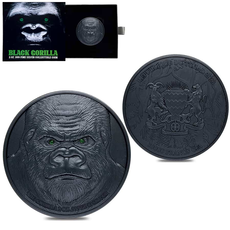 2023 Chad 2 oz Silver Black Gorilla High Relief Coin .999 Fine (w/Box)
