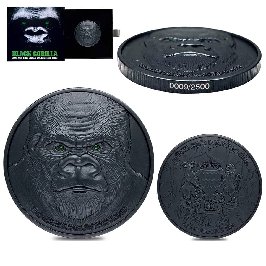 2023 Chad 2 oz Silver Black Gorilla Coin Serial #9 High Relief (w/Box)