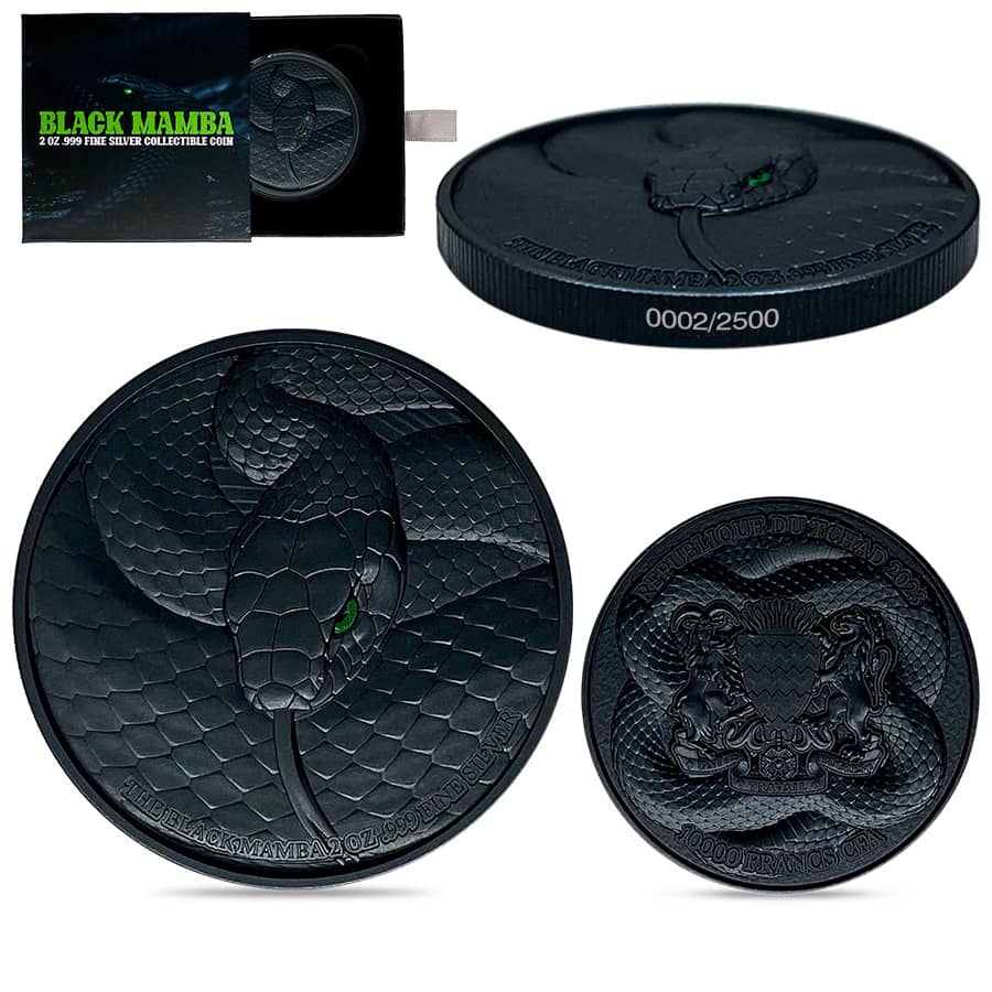 2023 Chad 2 oz Silver Black Mamba Coin Serial #2 High Relief (w/Box)