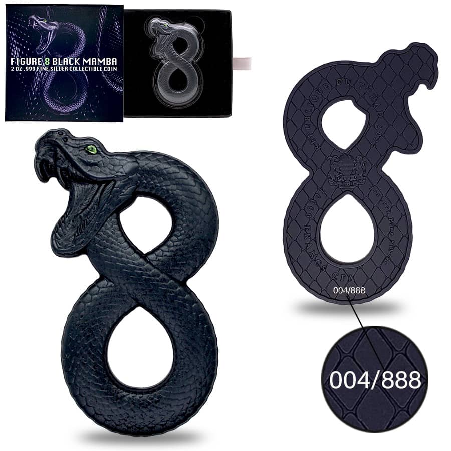 2023 Chad 2 oz Silver Figure Eight Black Mamba Coin Serial #4 Shaped High Relief (w/Box)