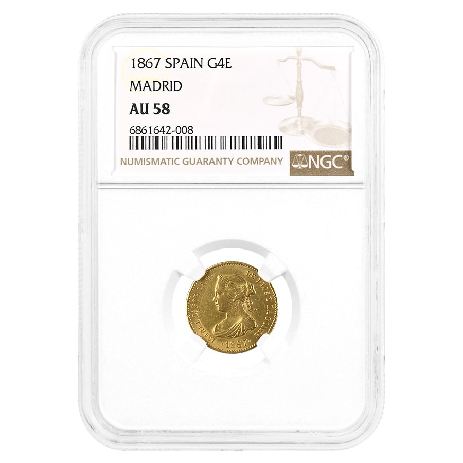 1867 Spain Madrid 4 Escudos Isabella II Gold Coin NGC AU 58