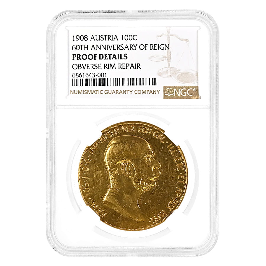 1908 Austrian 100 Corona 60th Ann. of Reign Gold Coin NGC PF Details