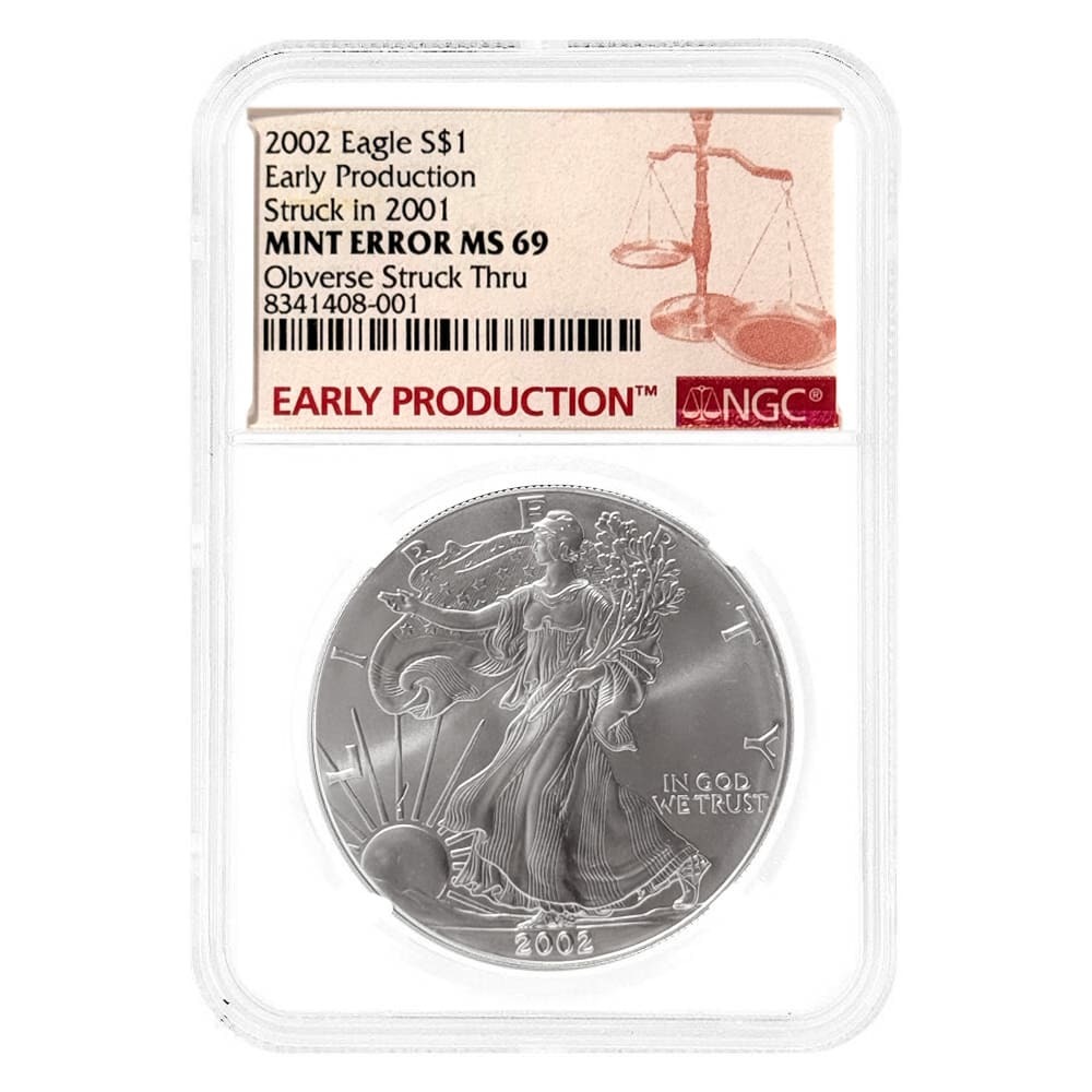 2002 1 oz Silver American Eagle Mint Error NGC MS 69 Early Production