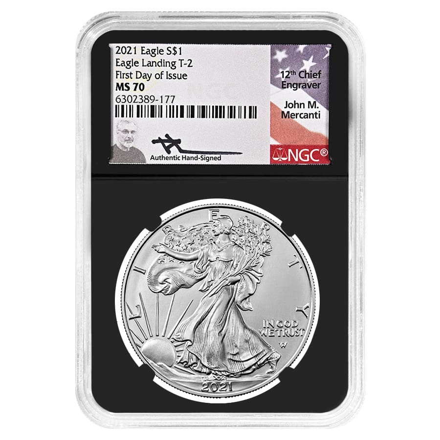 2021 1 oz Silver American Eagle T-2 NGC MS 70 FD Mercanti Sign