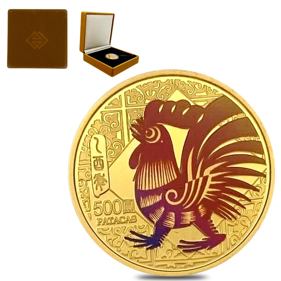 2005 Macau 1/4 oz Proof Gold Lunar Rooster Coin .999 Fine