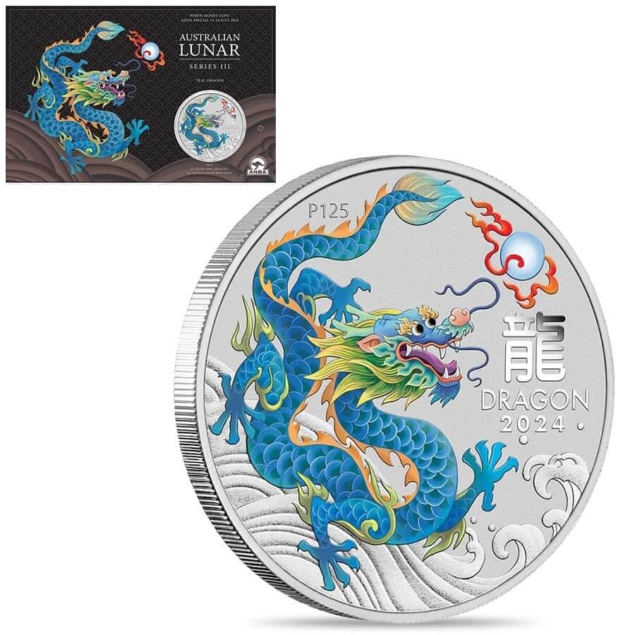 2024 1 oz Colorized Silver Lunar Teal Dragon Coin Perth Mint