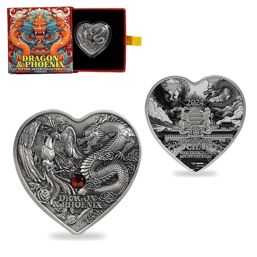 塊獣 Pachygrack PachyMX var. ICEとGOLD 2024 Chad 1 oz Silver Dragon and Phoenix Heart-Shaped Coin