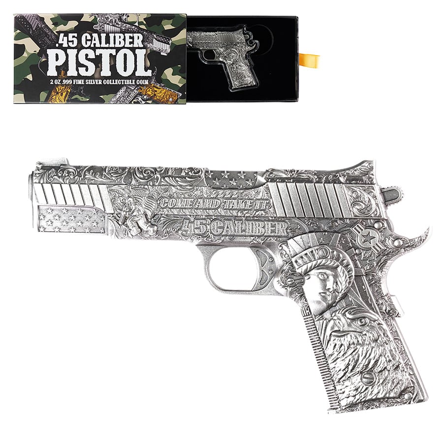 2024 Chad 2 oz Silver .45 Caliber Pistol Handgun Antiqued Shaped Coin .999  Fine
