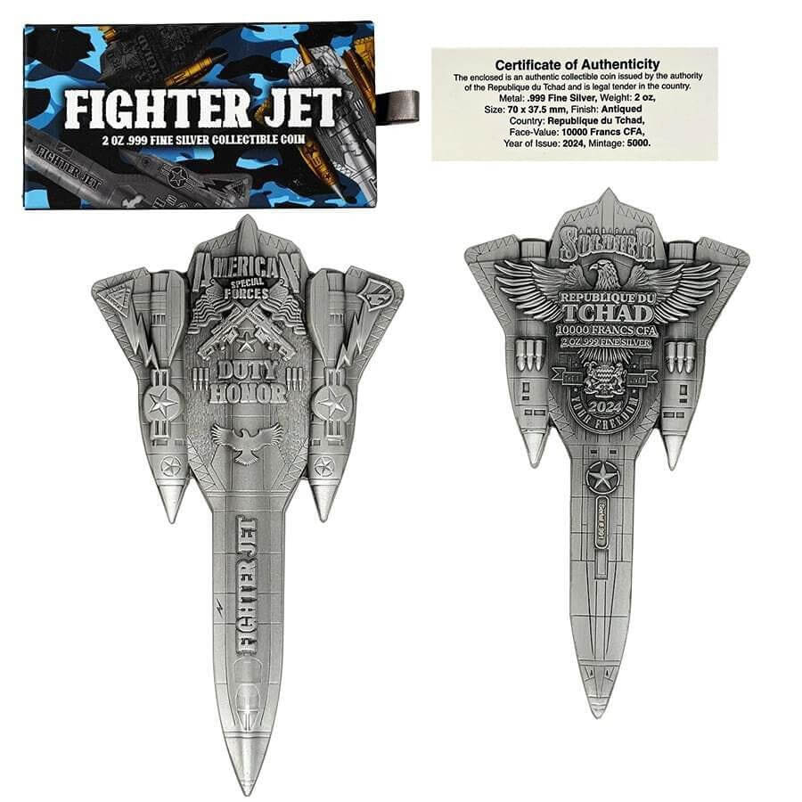 2024 Chad 2 oz Silver Fighter Jet Antiqued Shaped Coin .999 Fine