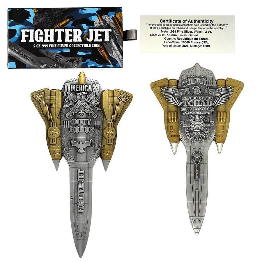 2024 Chad 2 oz Silver Fighter Jet Gilded Shaped Coin .999 Fine