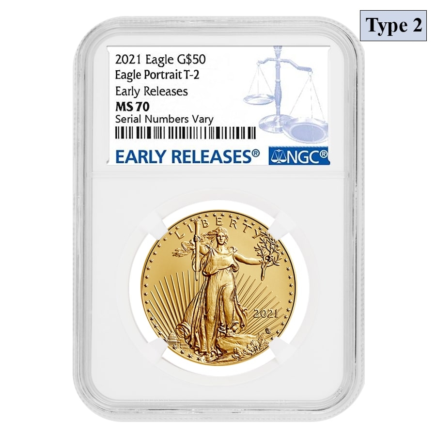 2021 1 oz Gold American Eagle Type 2 NGC MS 70 Early Releases