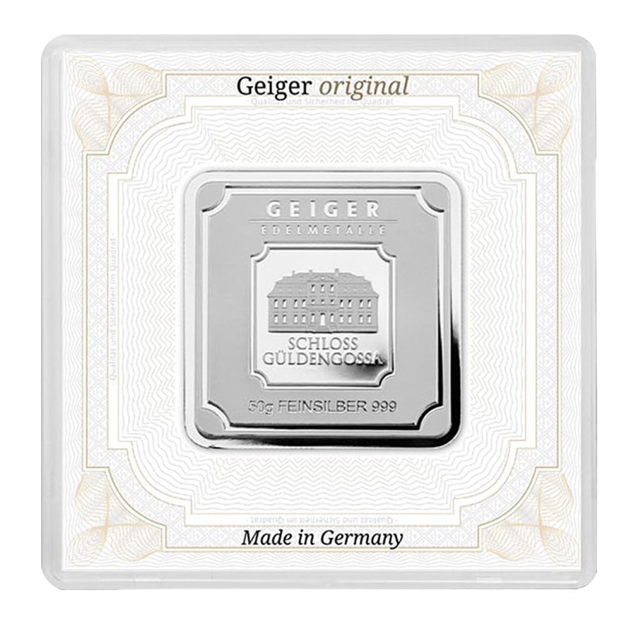 50 gram Geiger Original Square Silver Bar .999 Fine (In Assay)