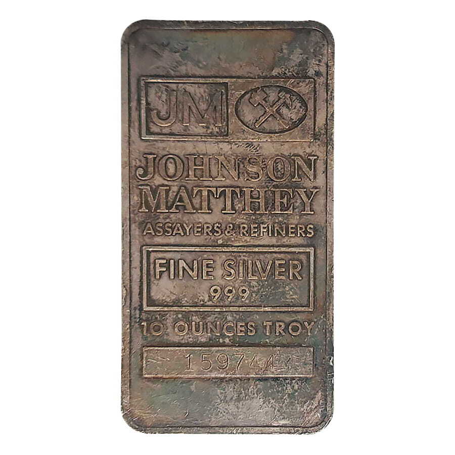 10 oz Johnson Matthey Silver Bar (3 Full Logos Reverse)