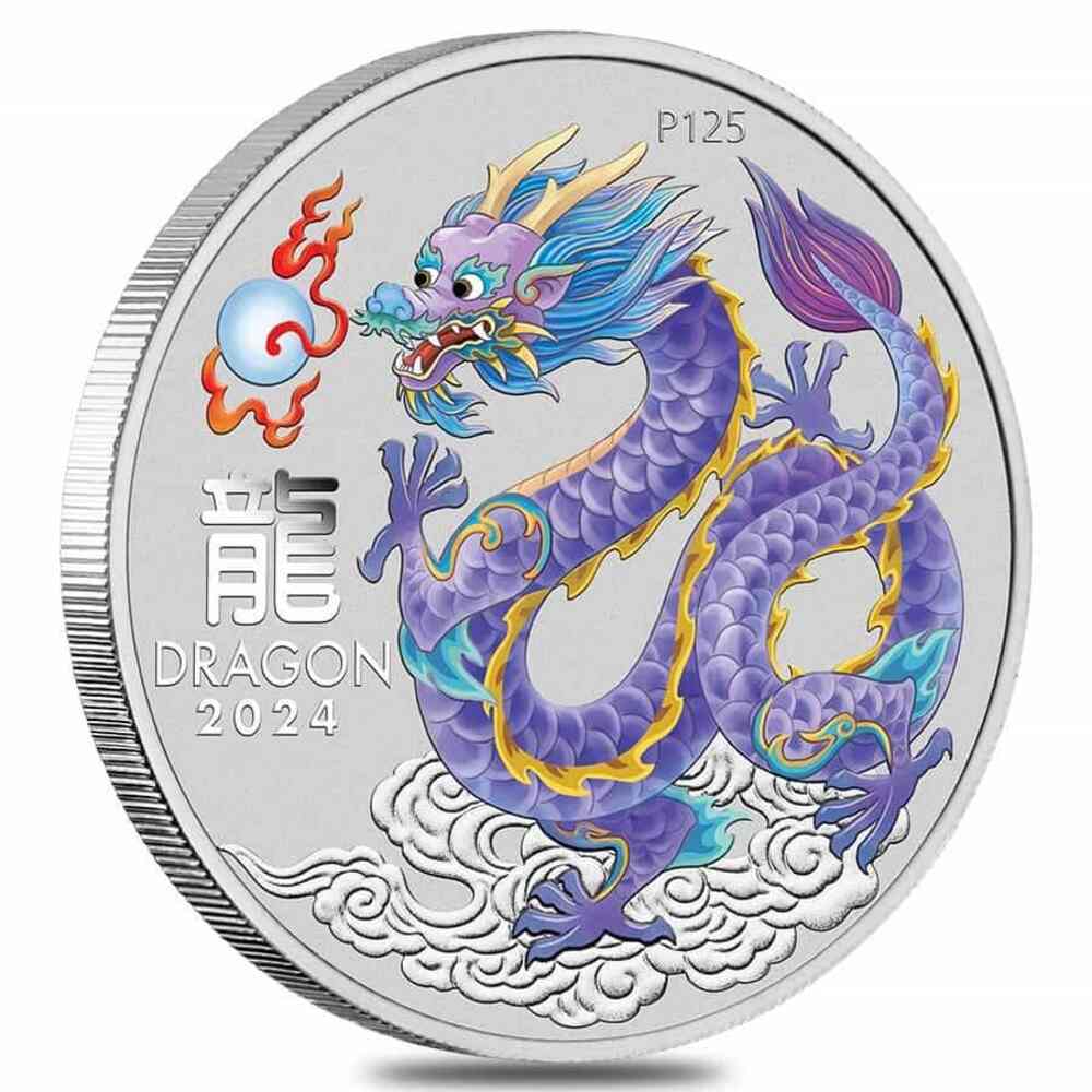 2024 1 oz Colorized Lunar Lilac Dragon Silver Coin BU Perth Mint