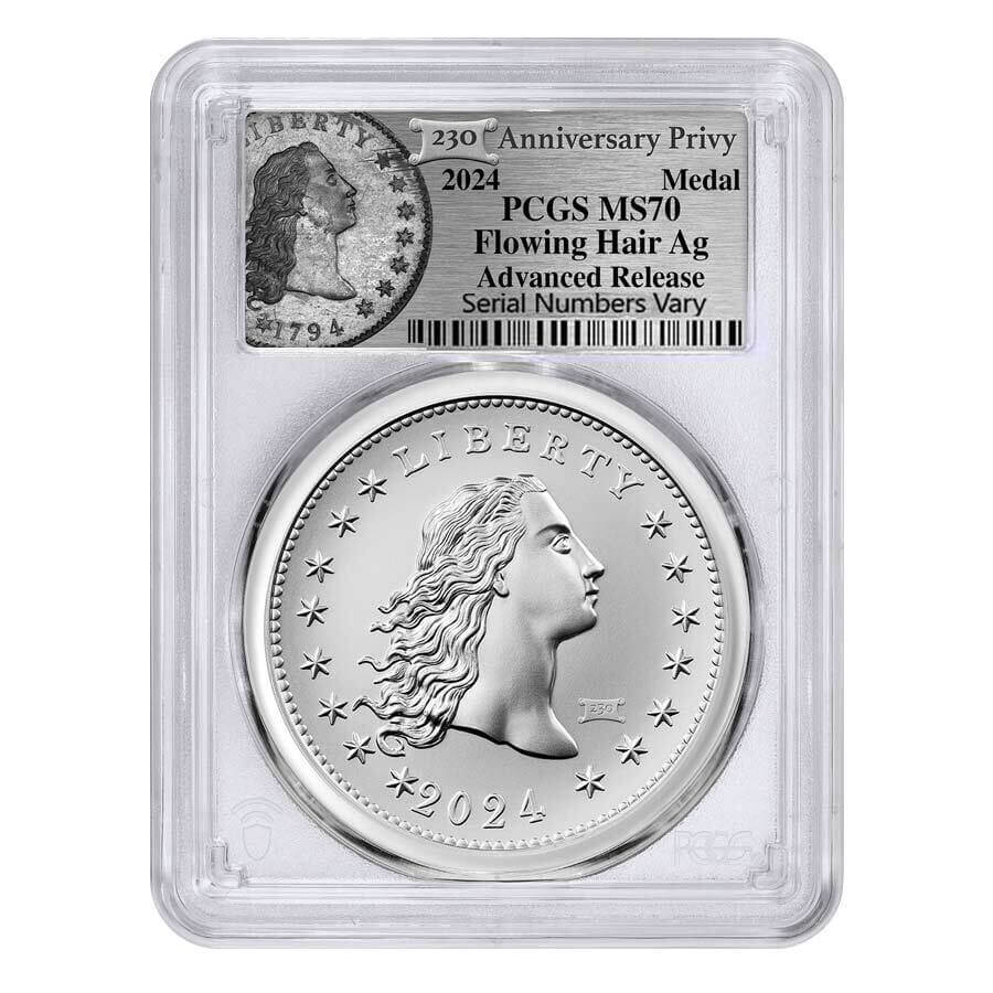 2024 230 Privy 1 oz Flowing Hair Silver Medal PCGS MS 70 AR