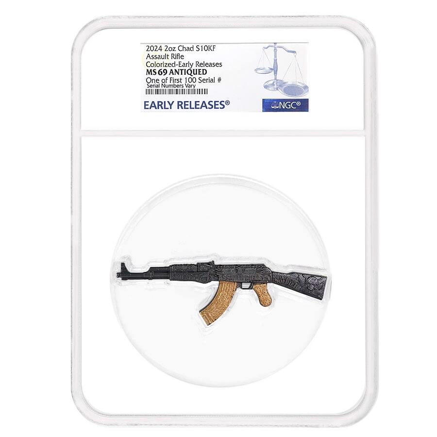 2024 Chad 2 oz Silver Assault Rifle Black & Gold NGC MS 69 ER One of First 100