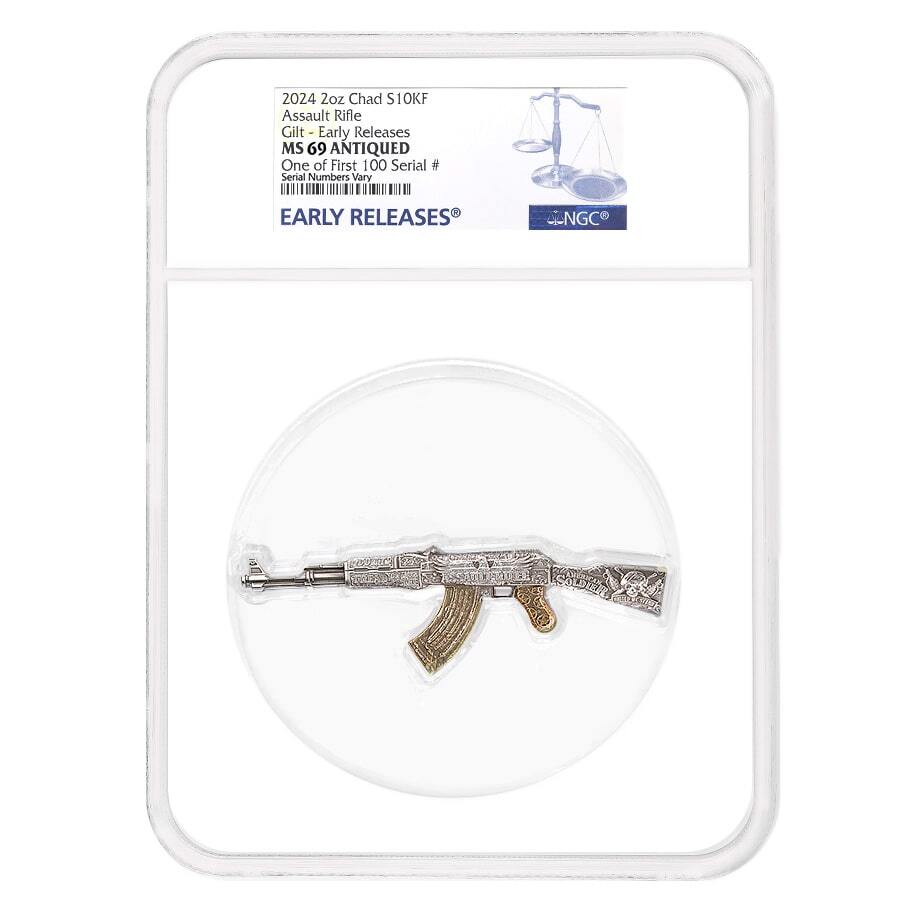 2024 Chad 2 oz Silver Assault Rifle Gilded NGC MS 69 ER One of First 100