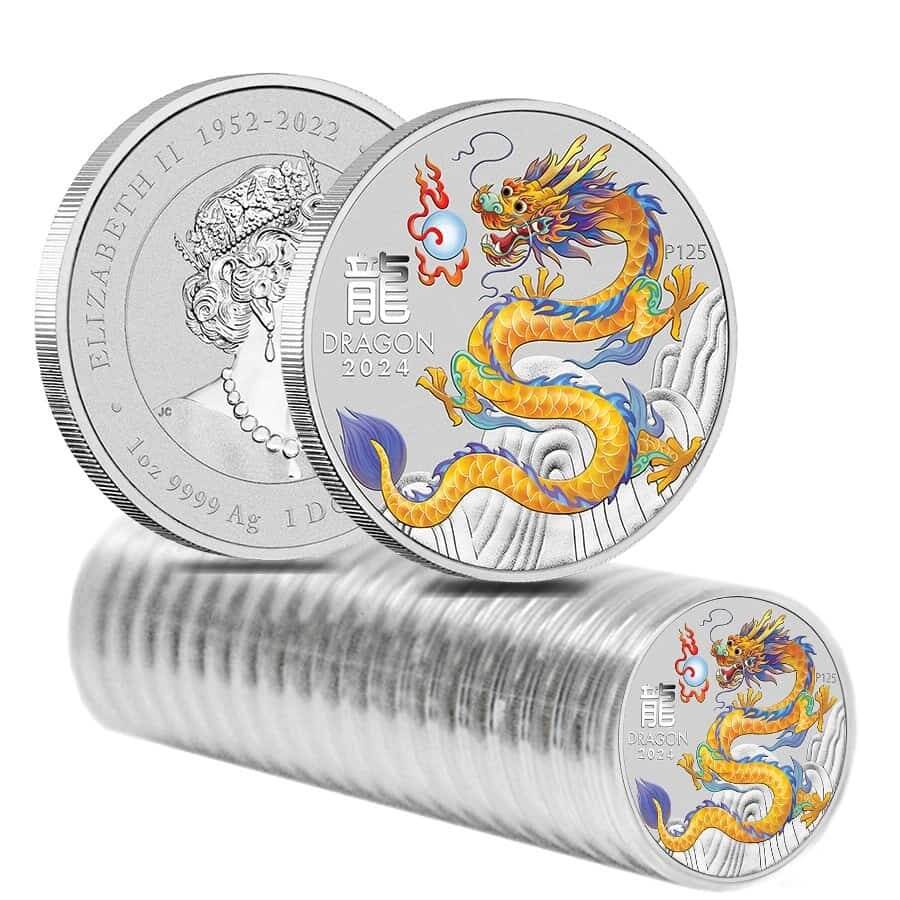 Roll of 20 - 2024 1 oz Colorized Lunar Yellow Dragon Silver Coin