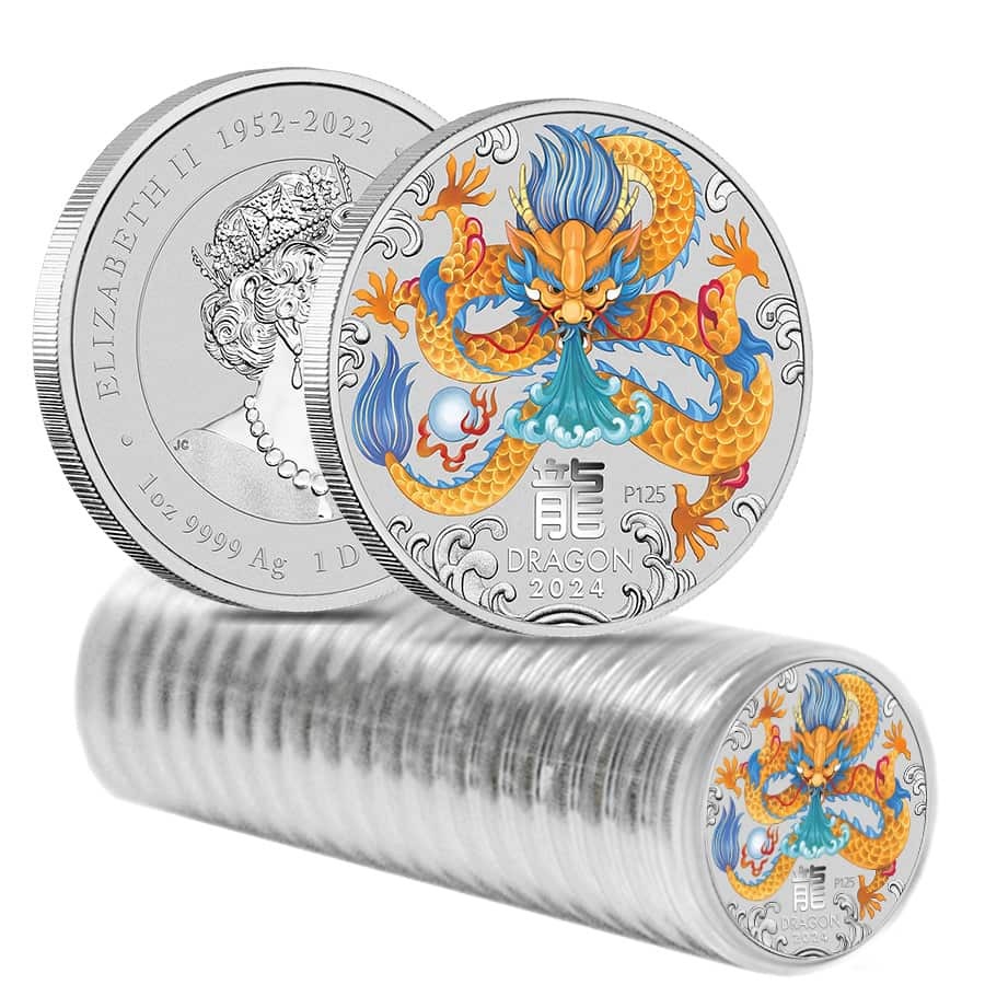 Roll of 20-2024 1 oz Colorized Silver Lunar Dragon BU Perth Mint