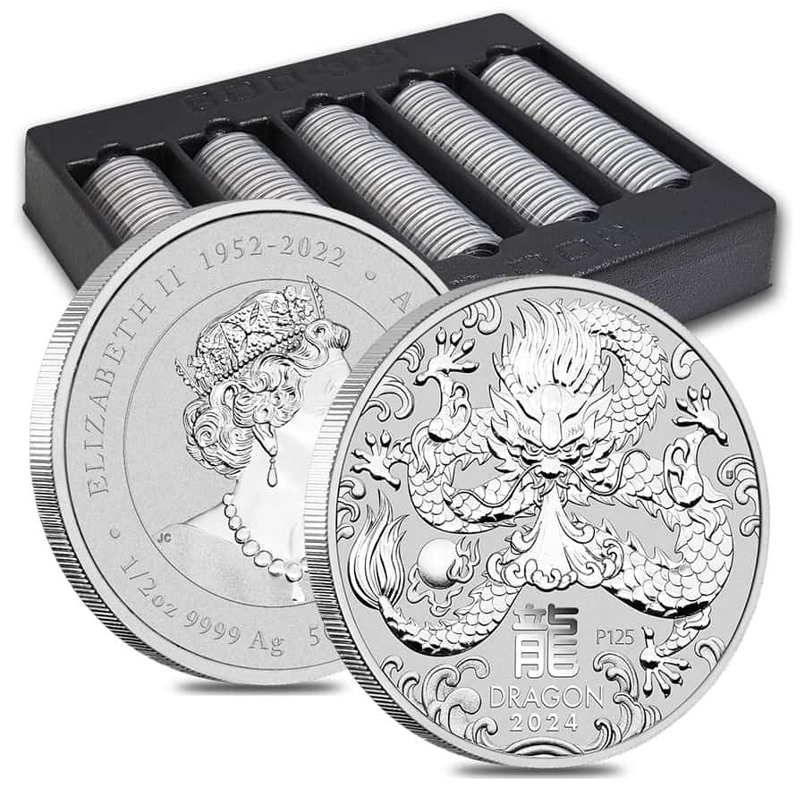 Box of 100 - 2024 1/2 oz Silver Lunar Dragon BU Perth Mint