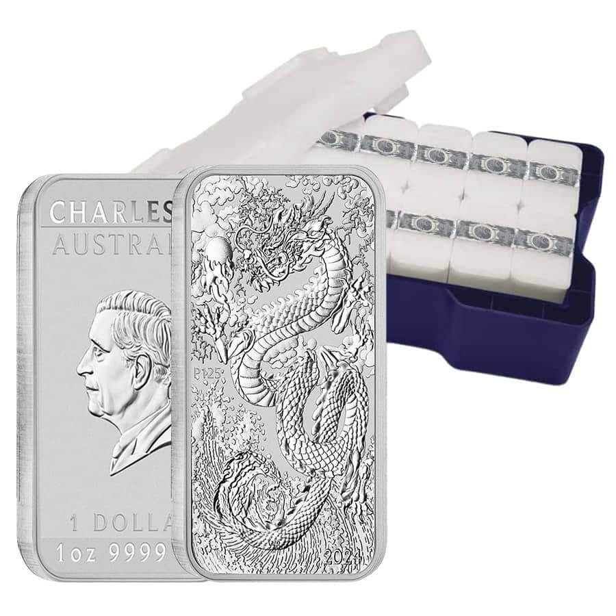 Monster Box of 200 - 2024 1 oz Silver Australian Dragon Coin Bar $1 BU