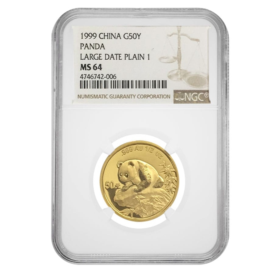 1999 1/2 oz Chinese Gold Panda 50 Yuan Large Date Plain 1 NGC MS 64