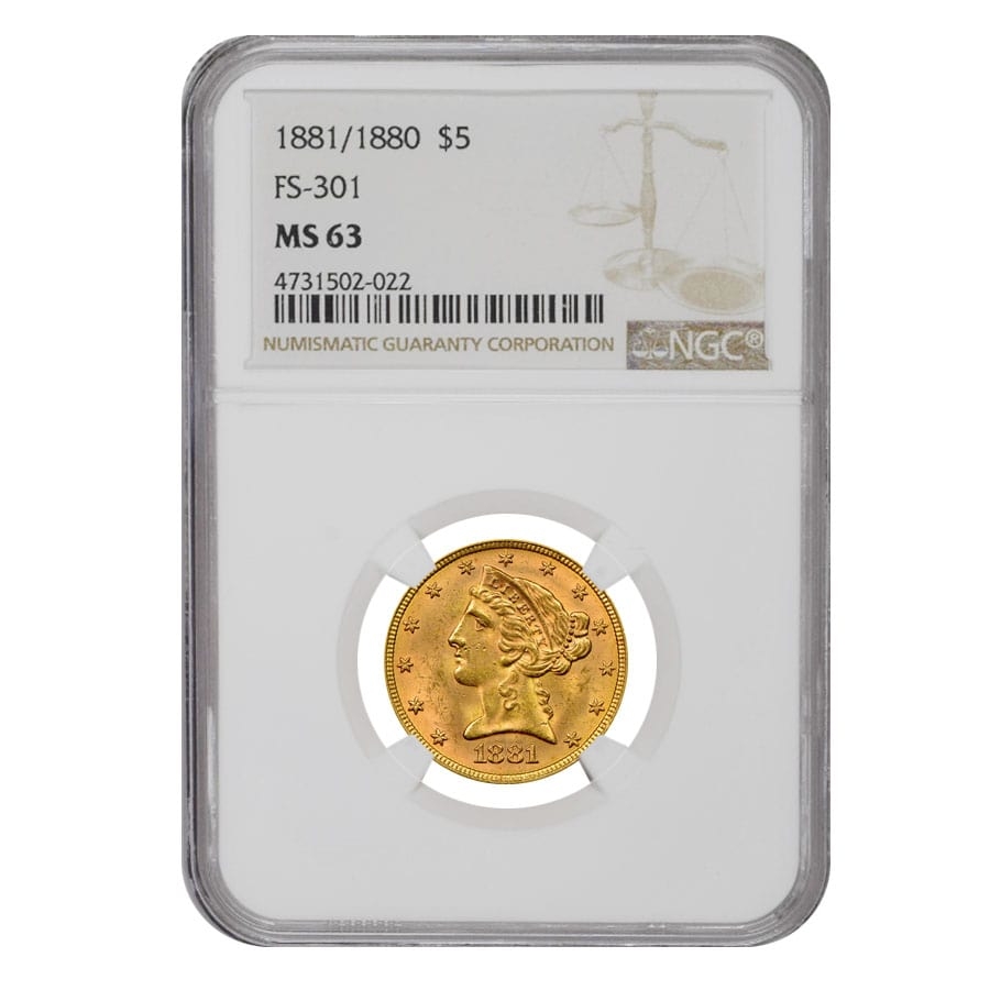 1881/1880 $5 Liberty Head Half Eagle Gold Coin NGC MS 63 FS-301