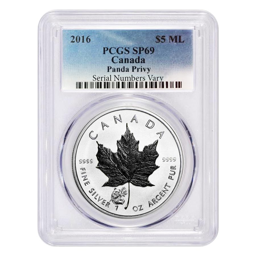 2016 シルバー カナダ $5 メープル リーフ 陰陽プライベート 2016 Silver Maple Leaf Panda Privy PCGS SP 69 | Bullion