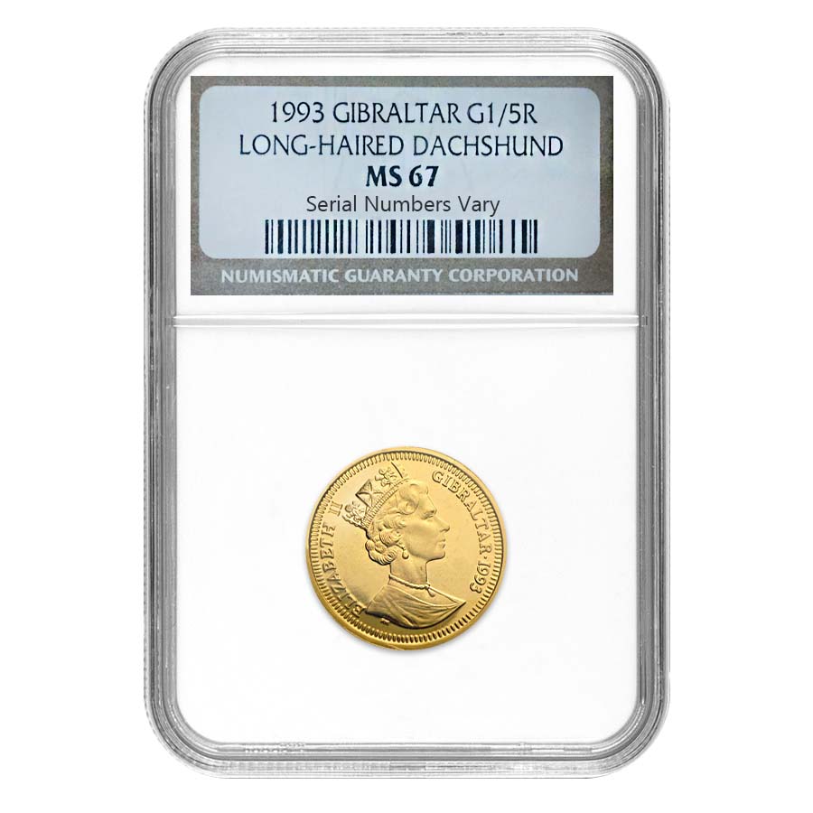 1993 Gibraltar 1/5 oz Gold Coin - Long Haired Dachshund NGC