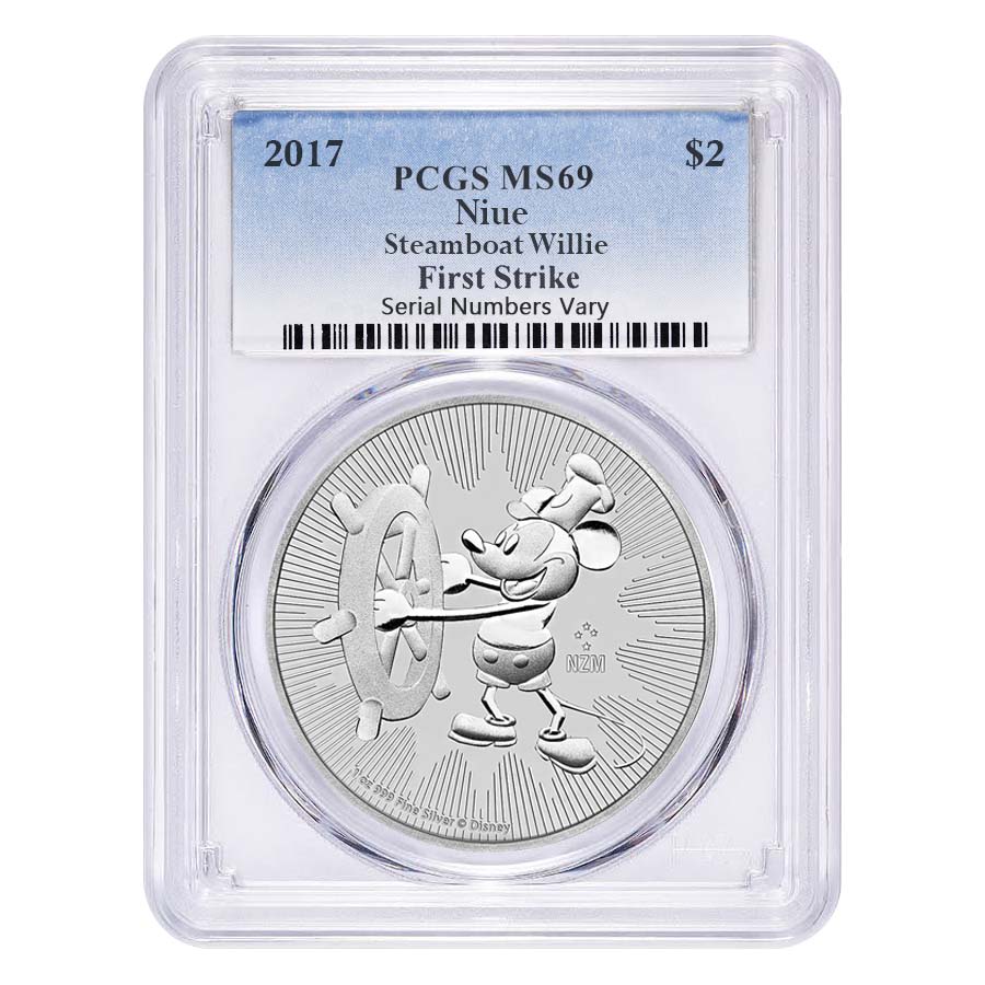 2017 1 oz Niue Silver $2 Disney Steamboat Willie PCGS MS 69 First