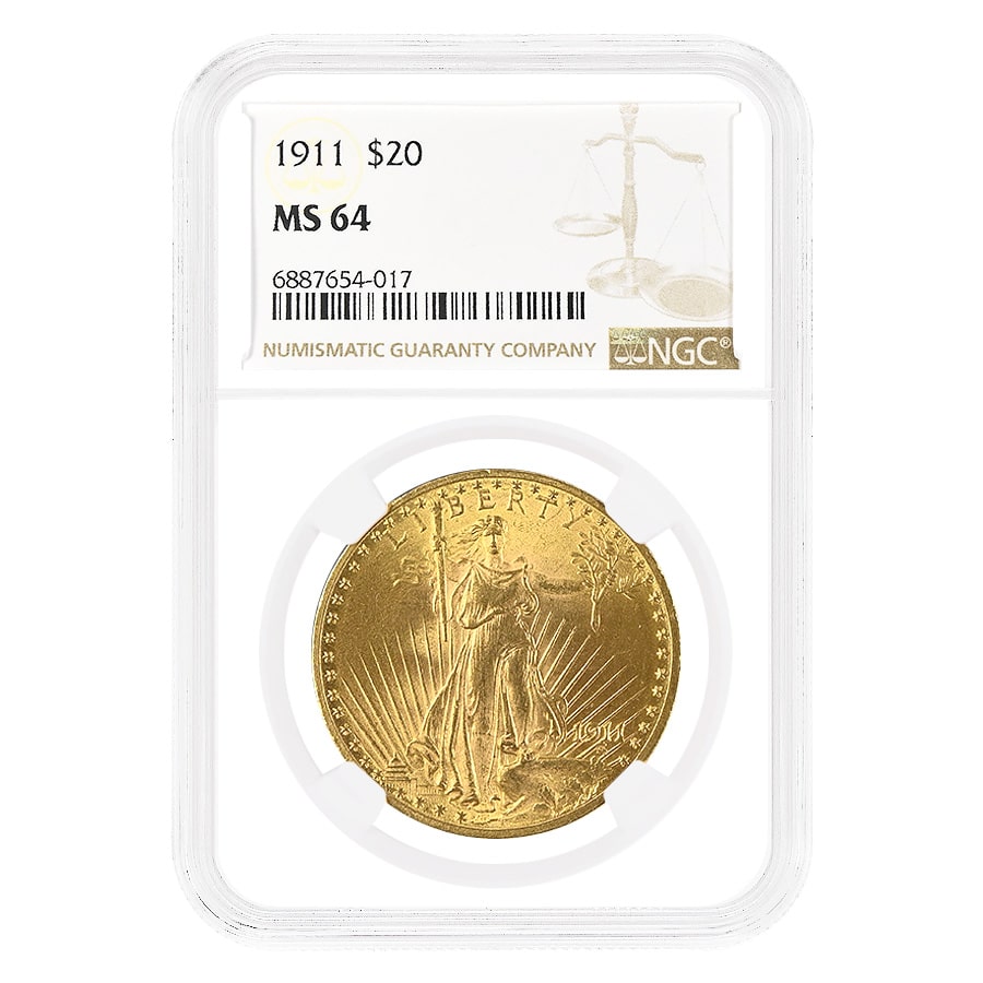 1911 $20 Gold Saint Gaudens Double Eagle Coin NGC MS 64