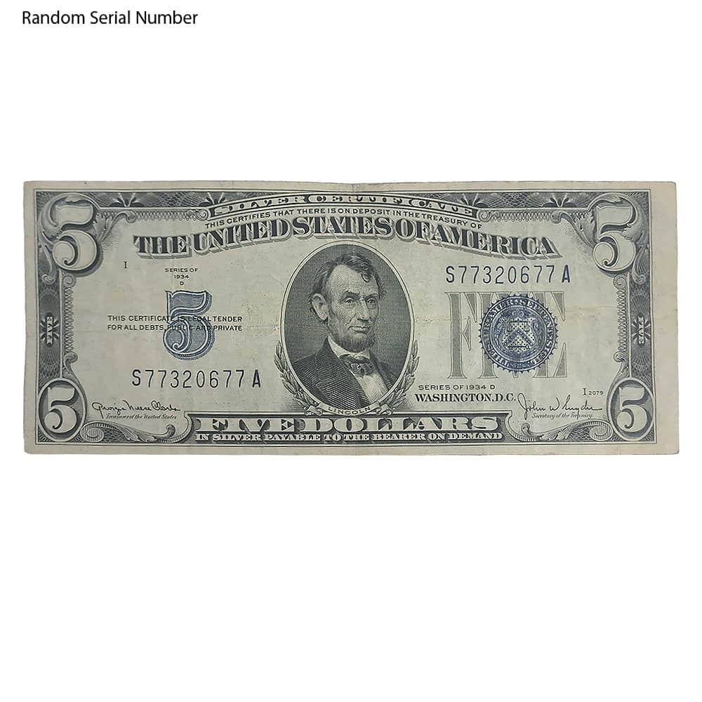1934 $5 Silver Certificate Currency Note Avg Circ