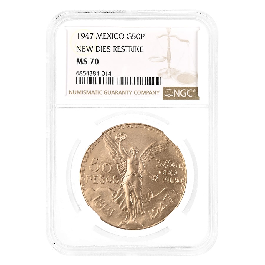 1947 Mexico 50 Pesos Gold Coin New Dies Restrike NGC MS 70