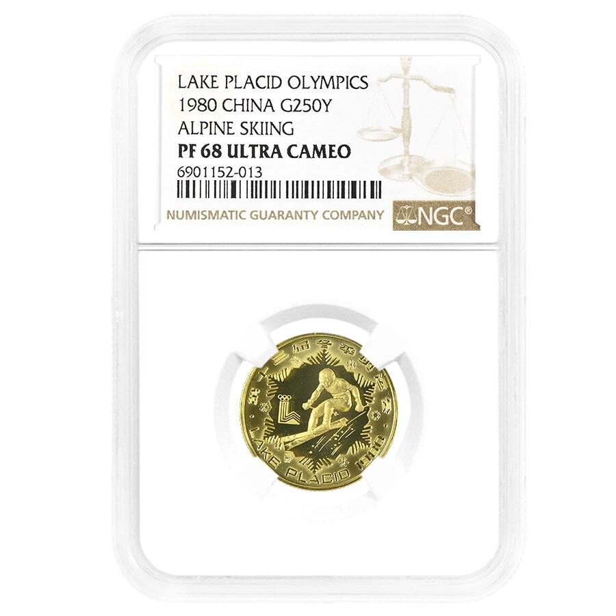1980 Chinese Lake Placid Olympics Skiing Gold Coin NGC PF 68