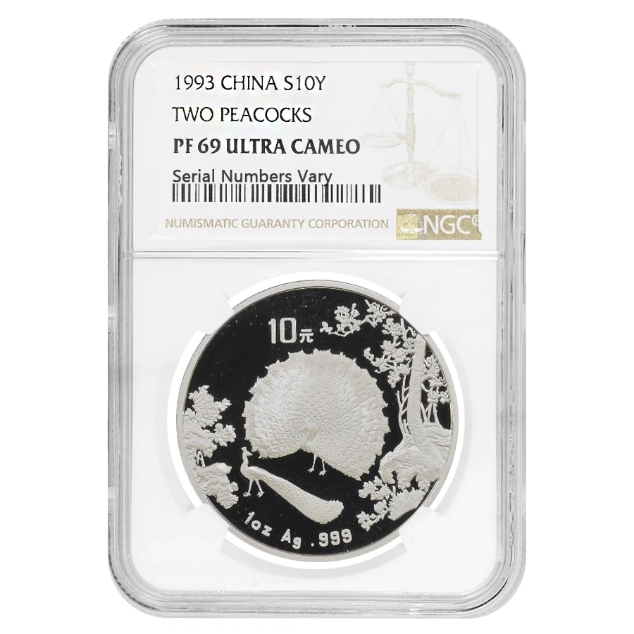 1993 1 oz Silver Two Peacocks Coin NGC PF 69 | Bullion Exchanges