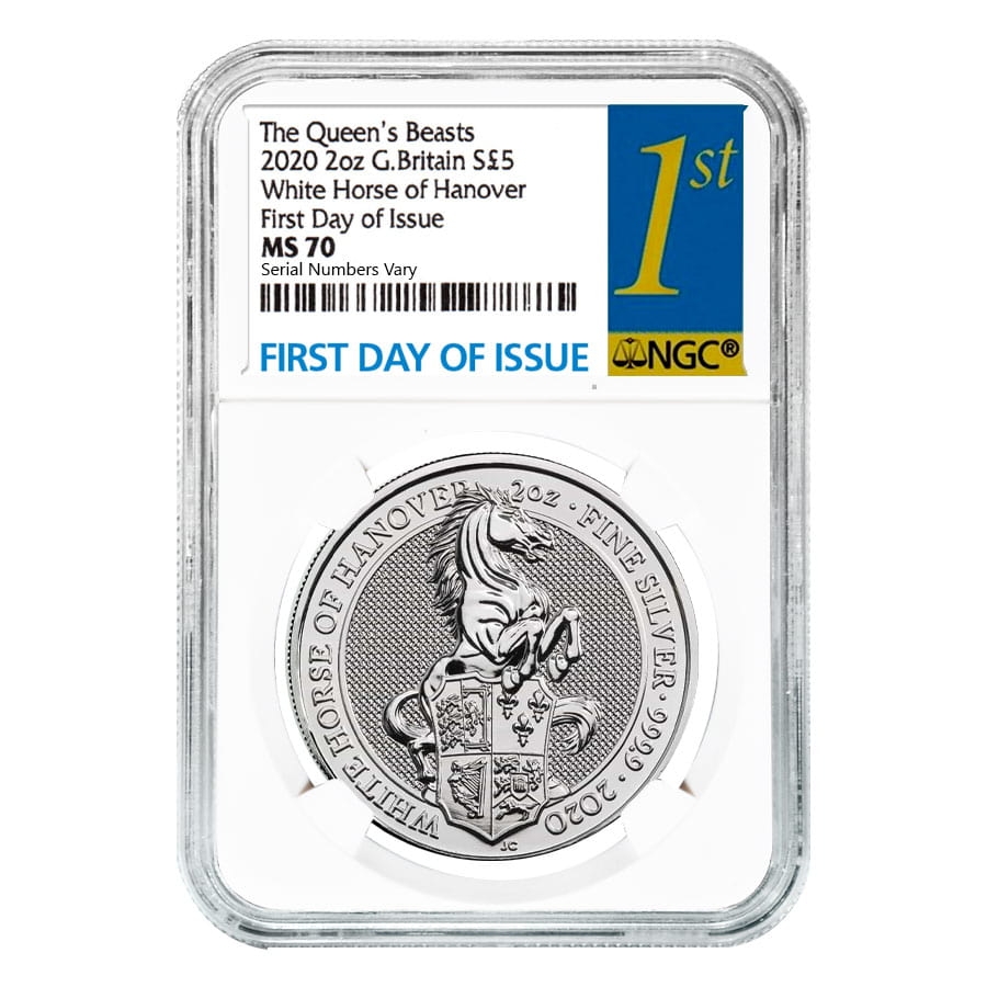 2020 Great Britain 2 oz Silver Queen's Beasts White Horse of Hanover Coin NGC MS 70 FDOI