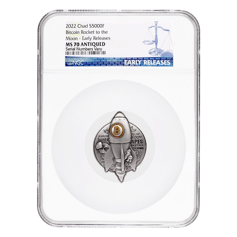 2022 Silver Bitcoin Rocket Shaped NGC MS 70 | Bullion Exchanges