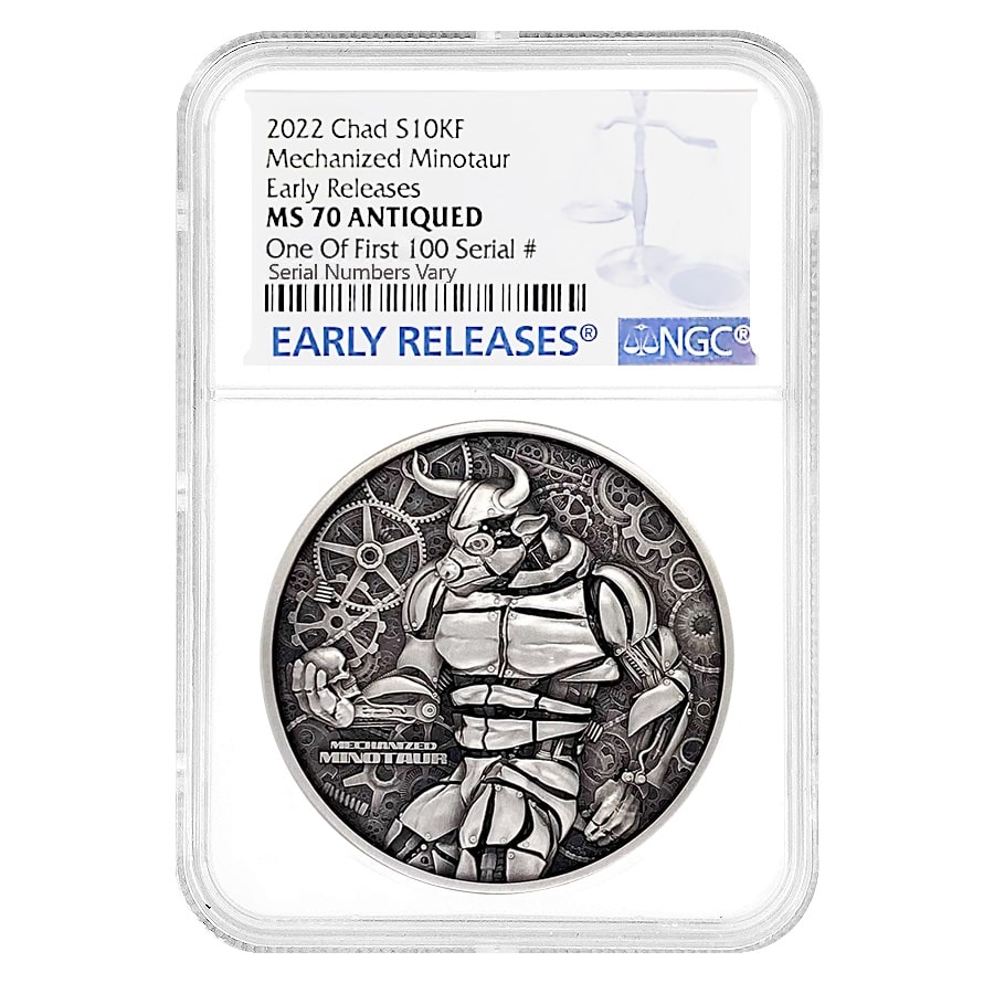 2022 Chad 2 oz Silver Mechanized Minotaur Coin NGC MS 70 ER One of 