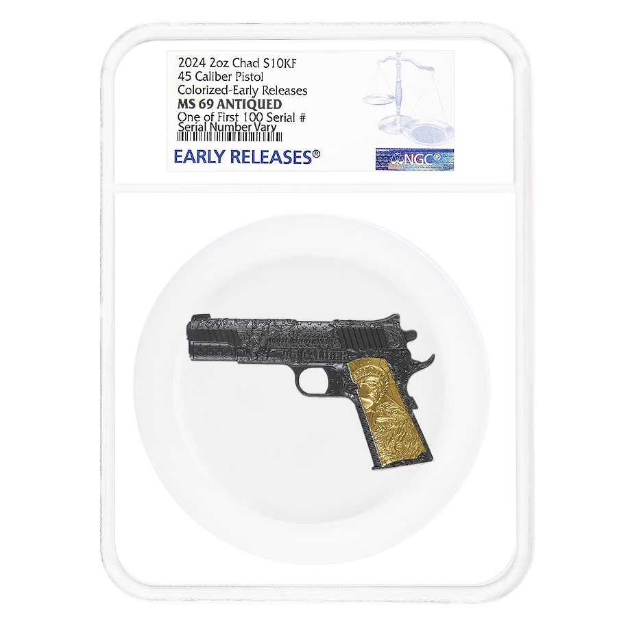 2024 Chad 2 oz Silver .45 Caliber Pistol Handgun Black & Gold NGC MS 69 ER One of First 100
